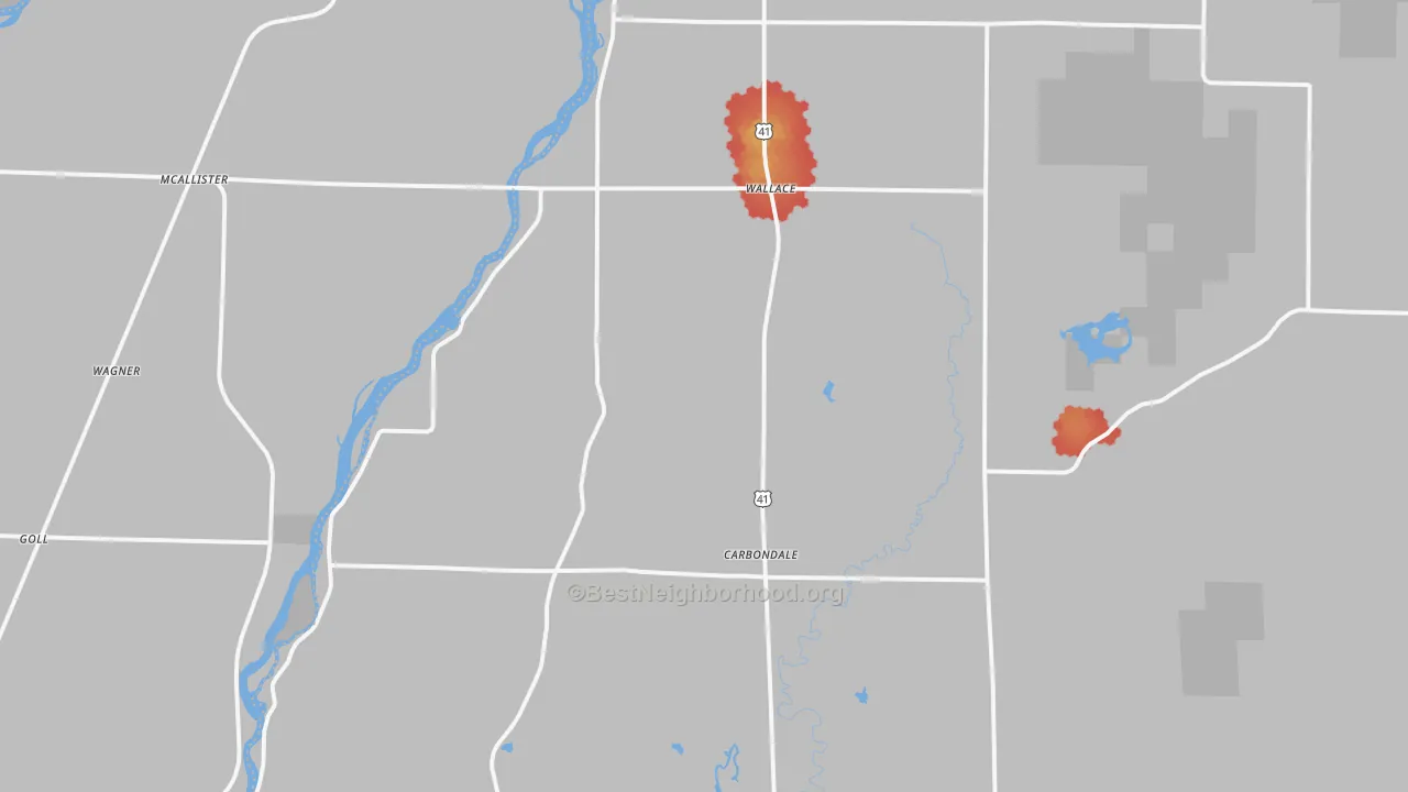 Walk Grade map of 49893, MI, walkable areas in green and car-dependent areas in red
