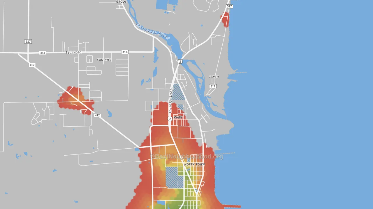 Walk Grade map of 49894, MI, walkable areas in green and car-dependent areas in red
