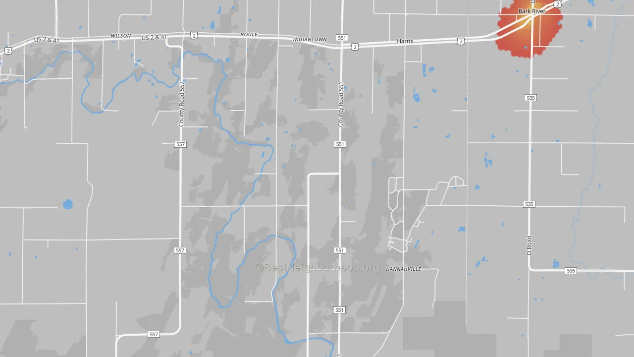Walk Grade map of 49896, MI, walkable areas in green and car-dependent areas in red