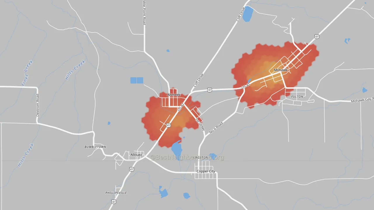 Walk Grade map of 49901, MI, walkable areas in green and car-dependent areas in red
