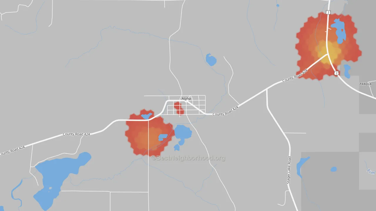 Walk Grade map of 49902, MI, walkable areas in green and car-dependent areas in red