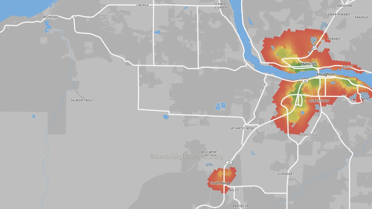 Walk Grade map of 49905, MI, walkable areas in green and car-dependent areas in red