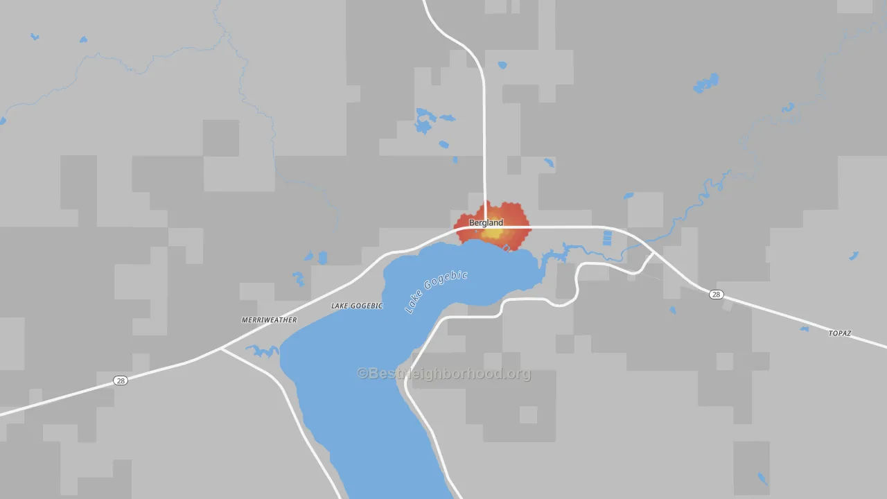 Walk Grade map of 49910, MI, walkable areas in green and car-dependent areas in red