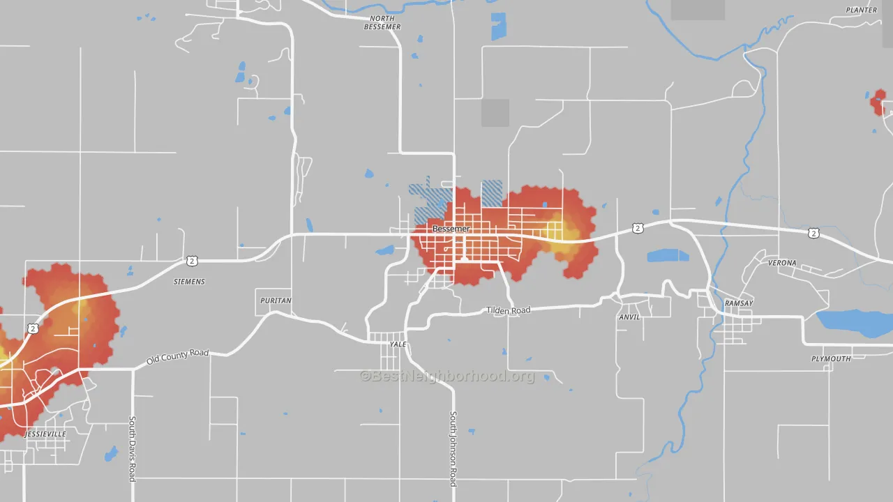 Walk Grade map of 49911, MI, walkable areas in green and car-dependent areas in red