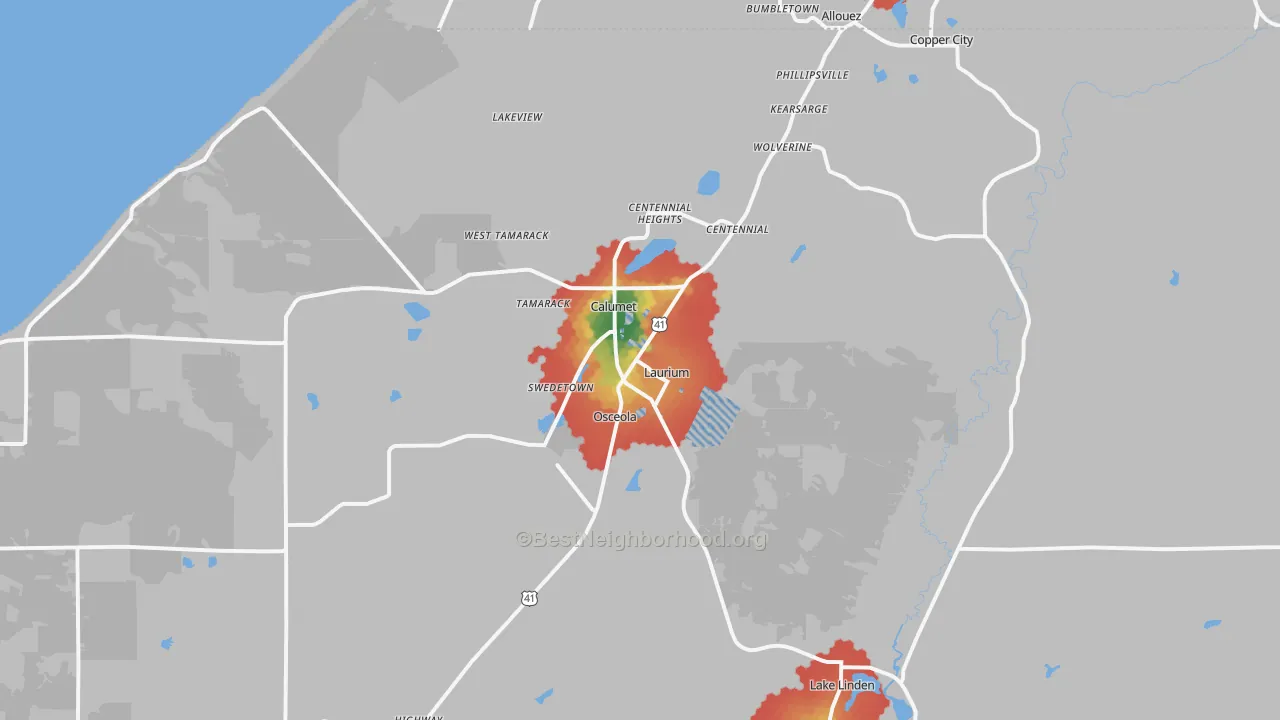 Walk Grade map of 49913, MI, walkable areas in green and car-dependent areas in red