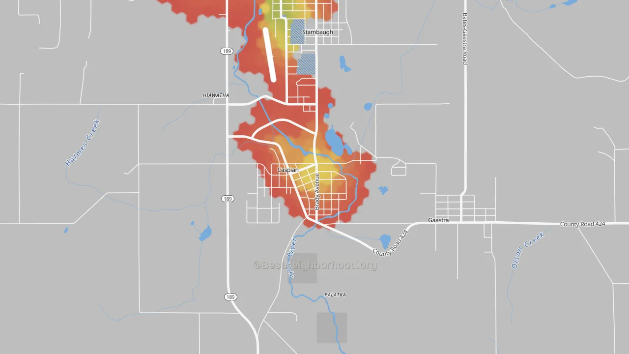 Walk Grade map of 49915, MI, walkable areas in green and car-dependent areas in red