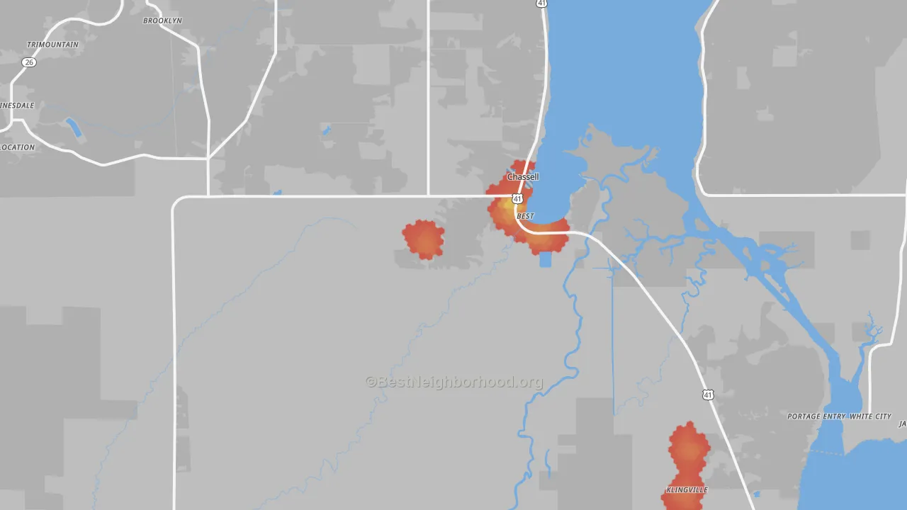 Walk Grade map of 49916, MI, walkable areas in green and car-dependent areas in red