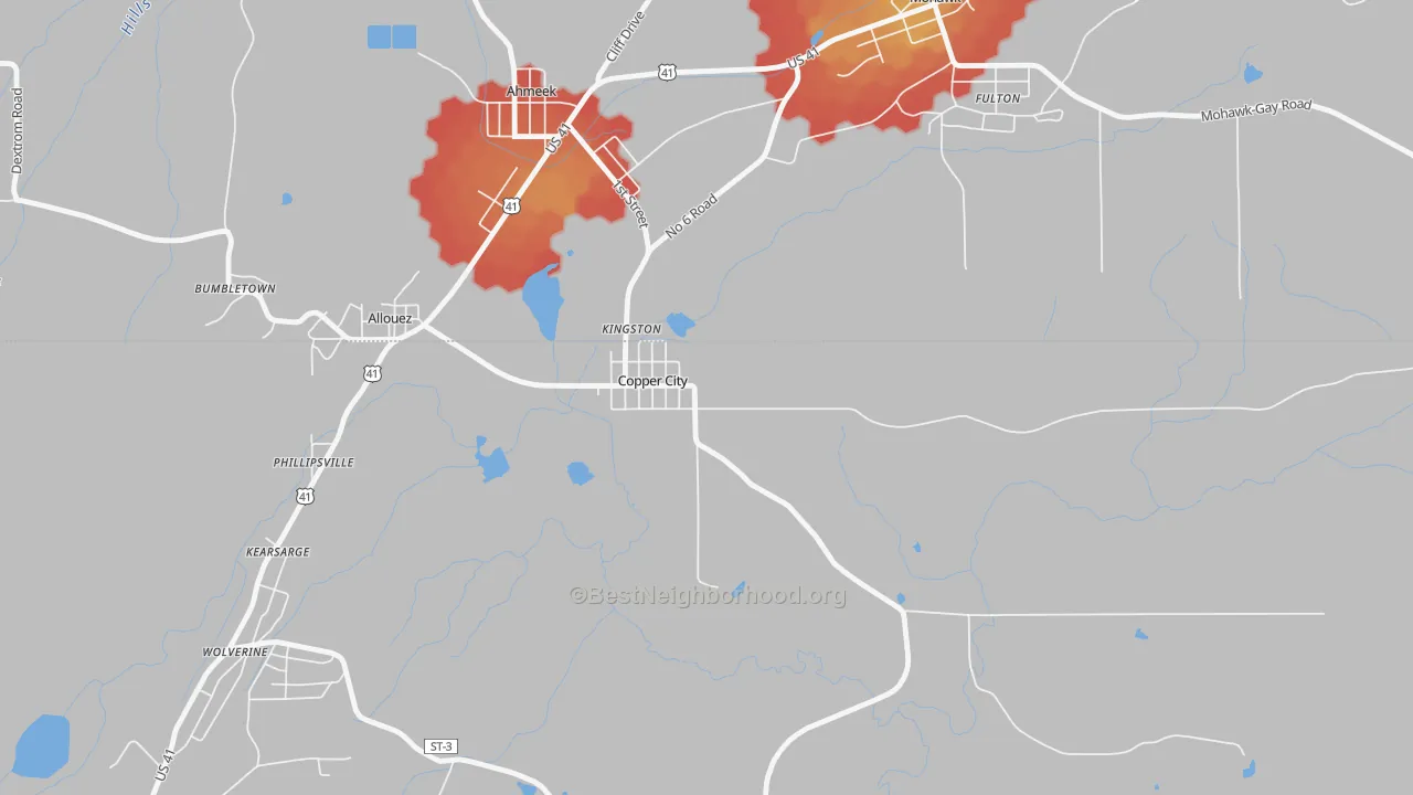 Walk Grade map of 49917, MI, walkable areas in green and car-dependent areas in red