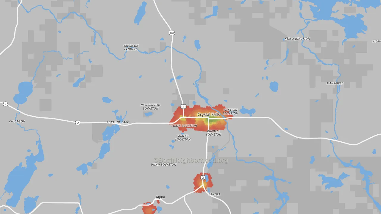 Walk Grade map of 49920, MI, walkable areas in green and car-dependent areas in red