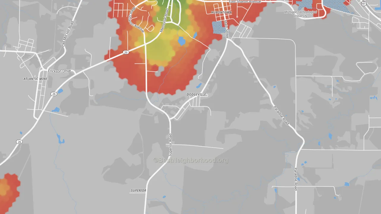Walk Grade map of 49921, MI, walkable areas in green and car-dependent areas in red