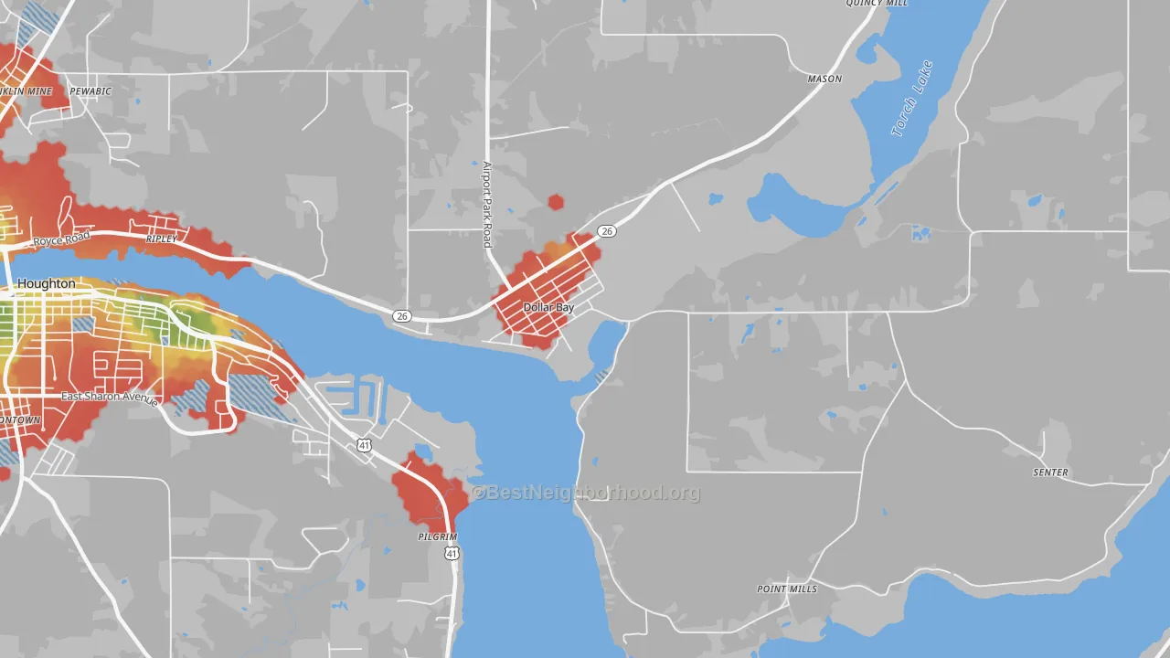Walk Grade map of 49922, MI, walkable areas in green and car-dependent areas in red