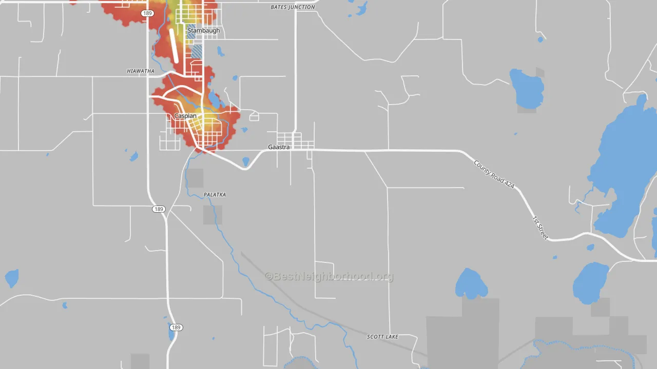 Walk Grade map of 49927, MI, walkable areas in green and car-dependent areas in red