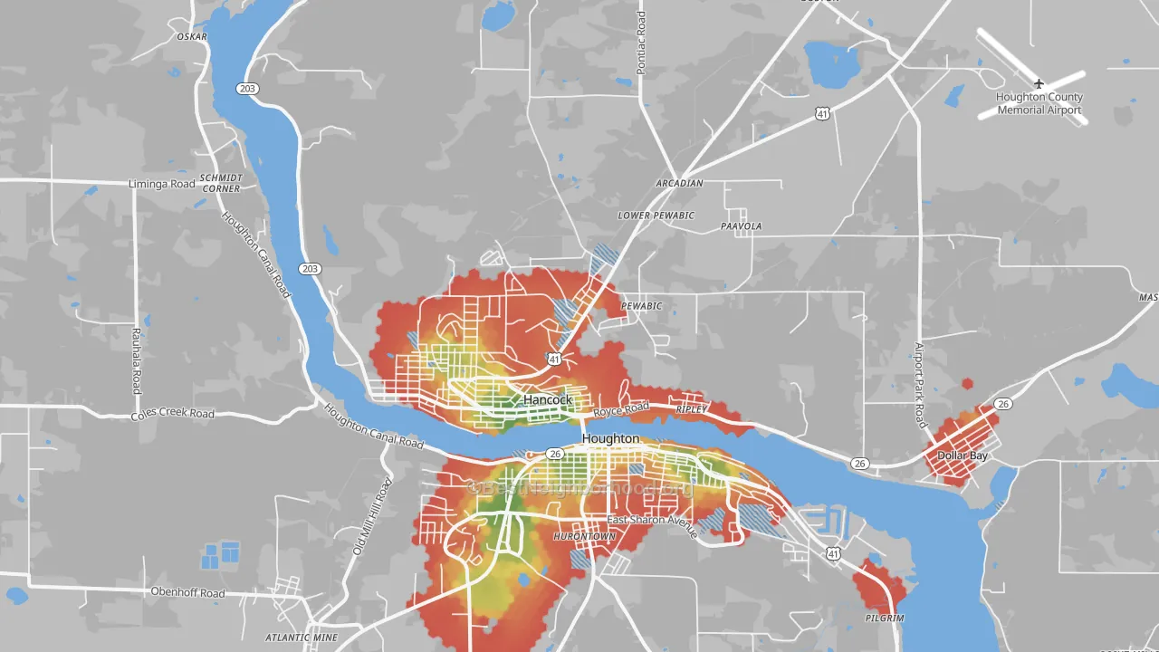 Walk Grade map of 49930, MI, walkable areas in green and car-dependent areas in red