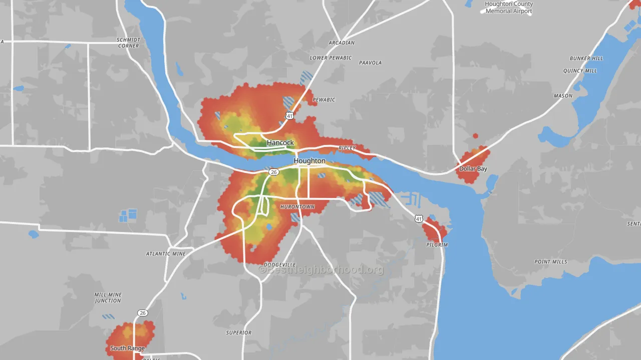 Walk Grade map of 49931, MI, walkable areas in green and car-dependent areas in red