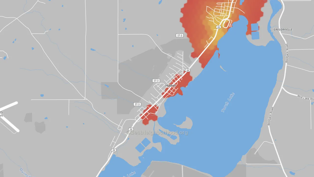 Walk Grade map of 49934, MI, walkable areas in green and car-dependent areas in red