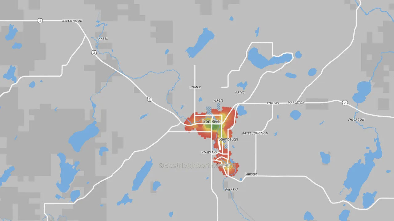Walk Grade map of 49935, MI, walkable areas in green and car-dependent areas in red