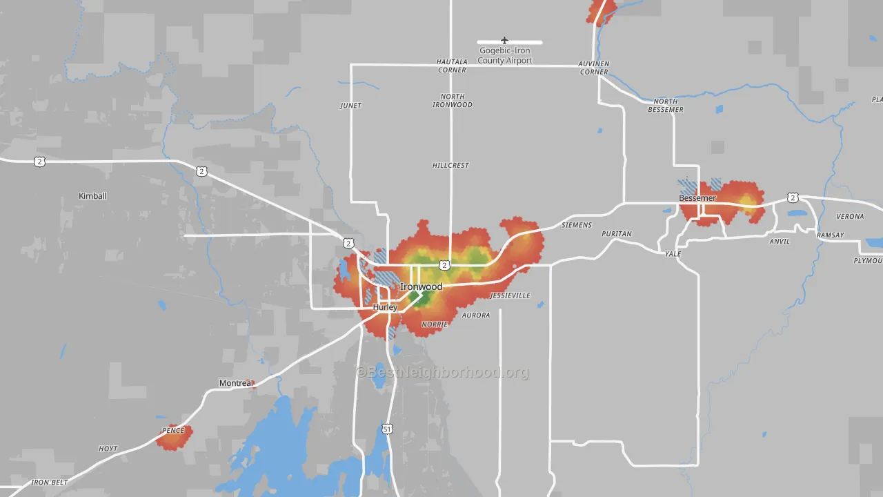 Walk Grade map of 49938, MI, walkable areas in green and car-dependent areas in red