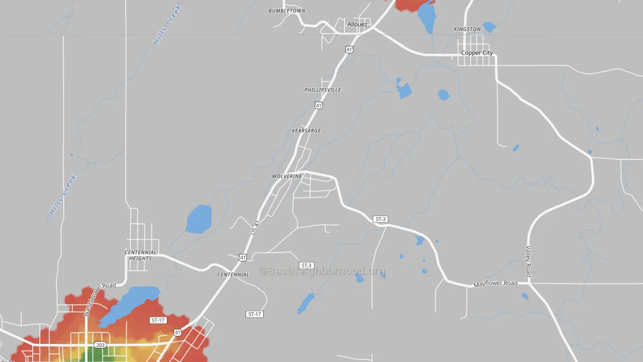 Walk Grade map of 49942, MI, walkable areas in green and car-dependent areas in red
