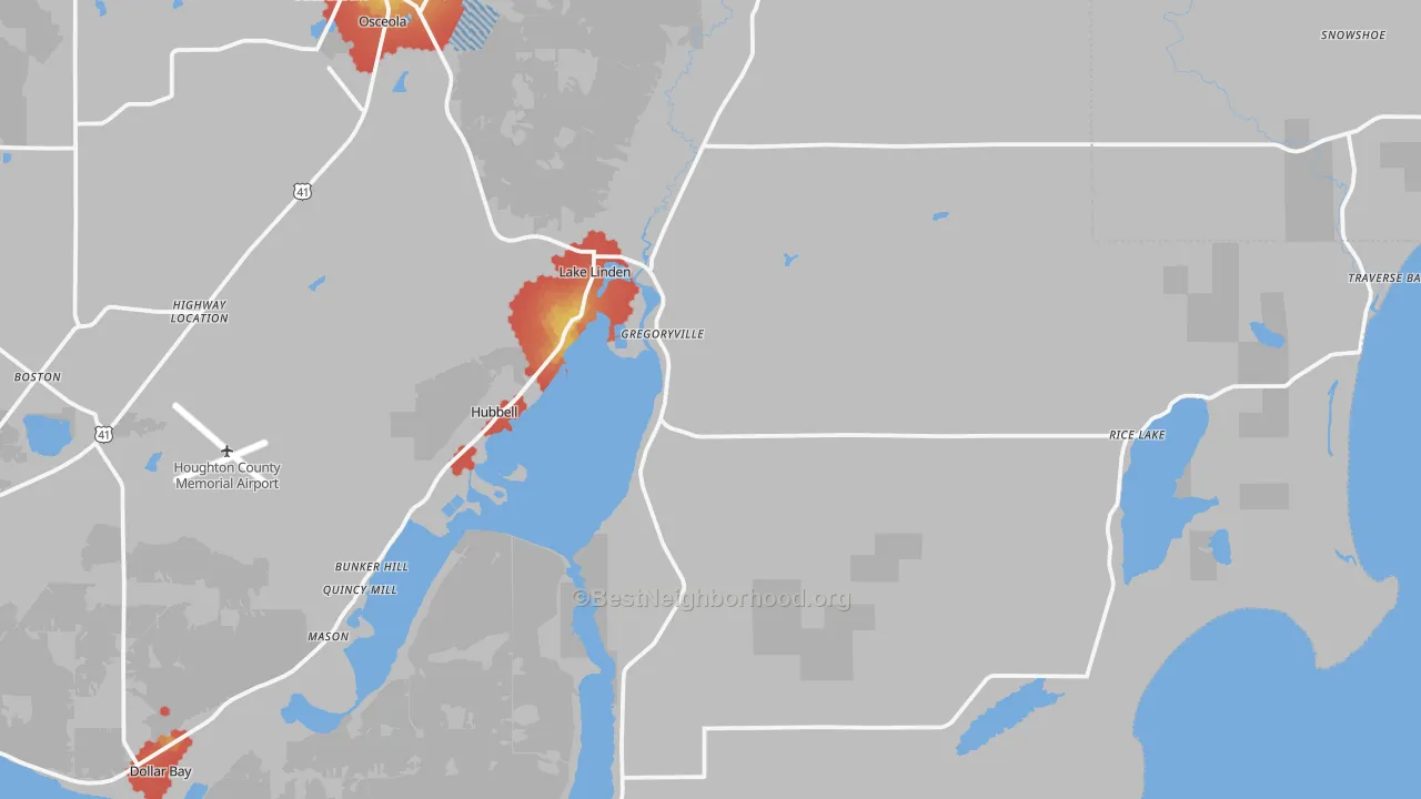 Walk Grade map of 49945, MI, walkable areas in green and car-dependent areas in red