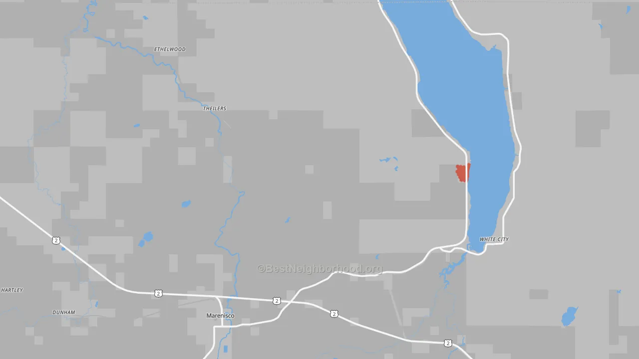 Walk Grade map of 49947, MI, walkable areas in green and car-dependent areas in red