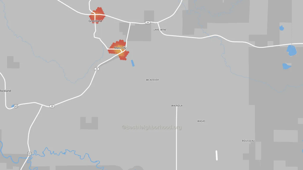Walk Grade map of 49948, MI, walkable areas in green and car-dependent areas in red