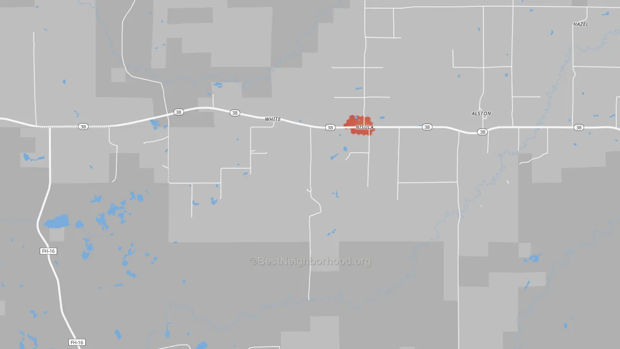 Walk Grade map of 49952, MI, walkable areas in green and car-dependent areas in red