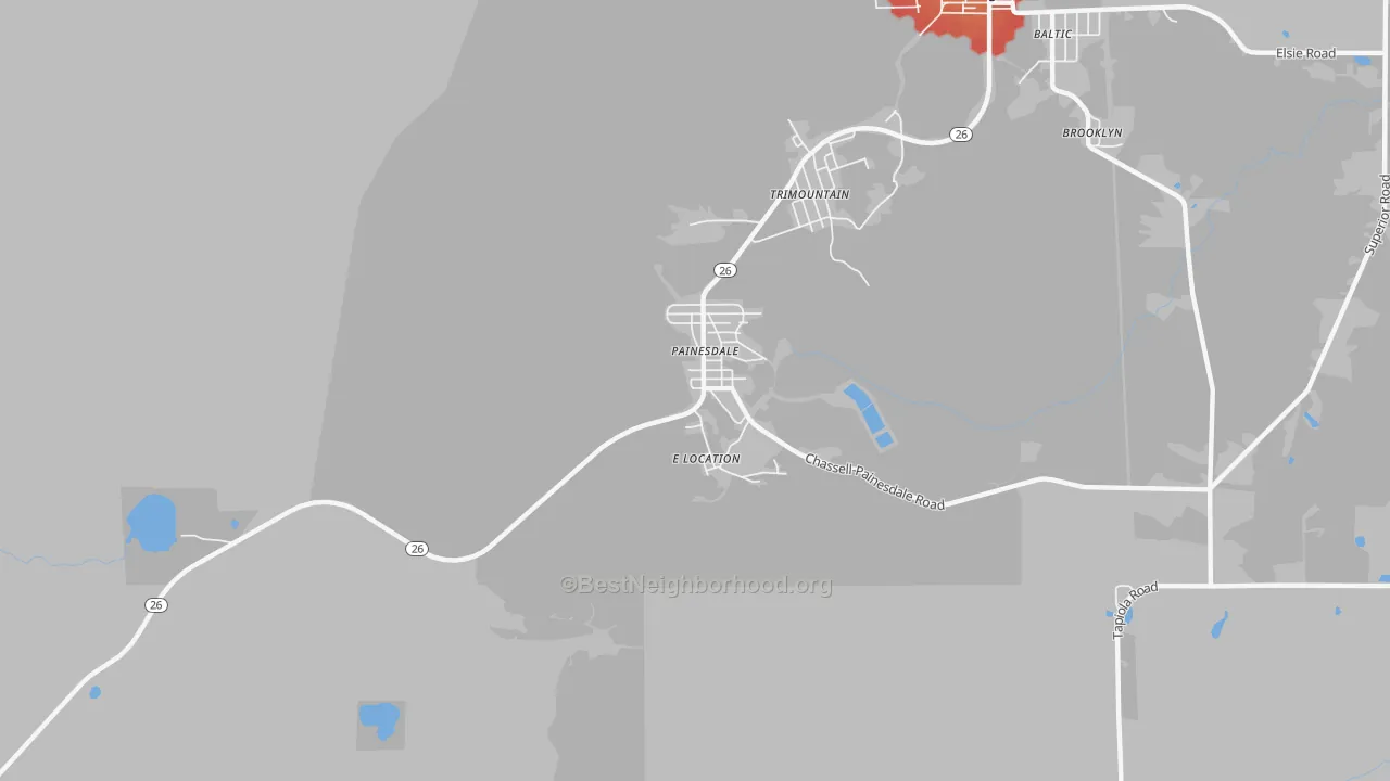 Walk Grade map of 49955, MI, walkable areas in green and car-dependent areas in red