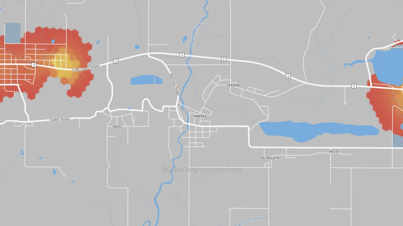 Walk Grade map of 49959, MI, walkable areas in green and car-dependent areas in red