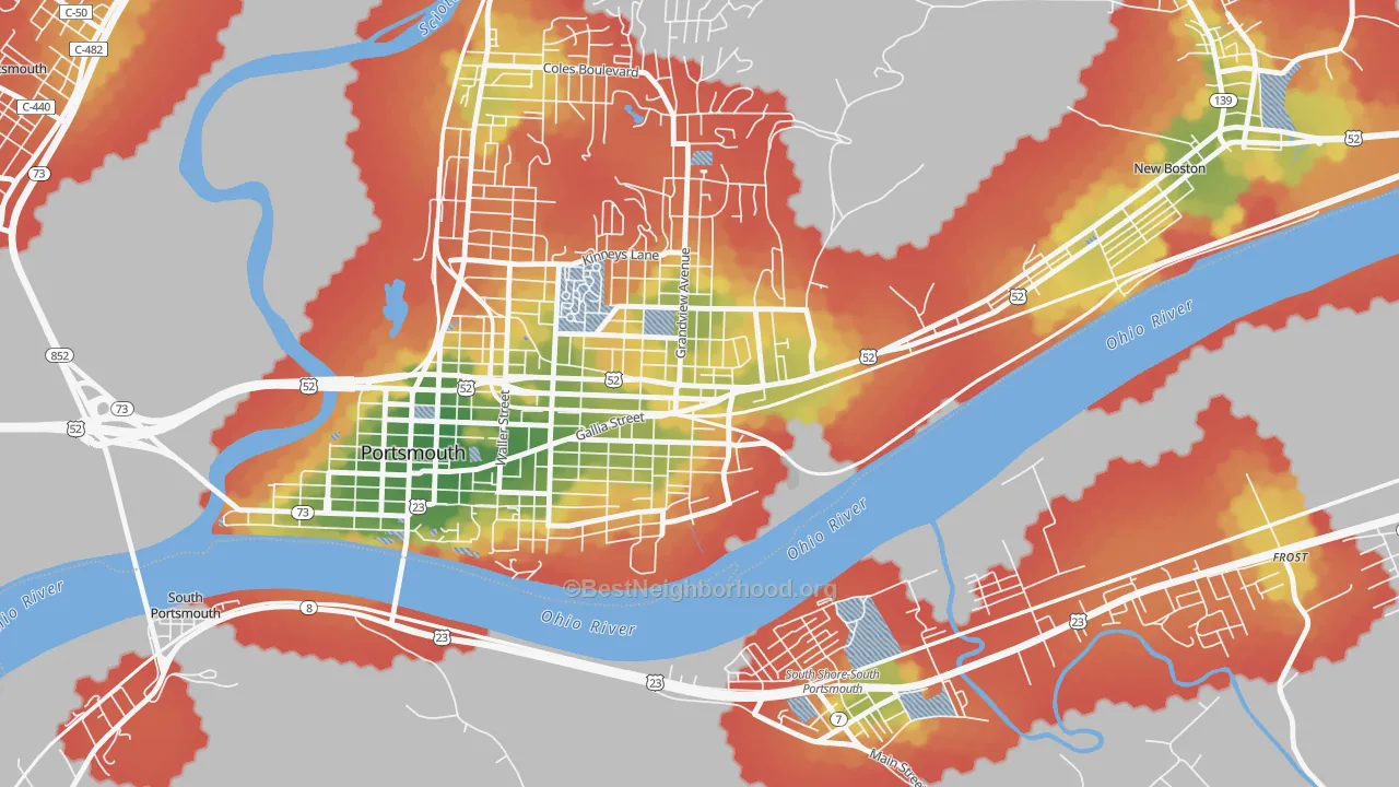 Walk Grade map of 4th Ward, Portsmouth, OH, walkable areas in green and car-dependent areas in red