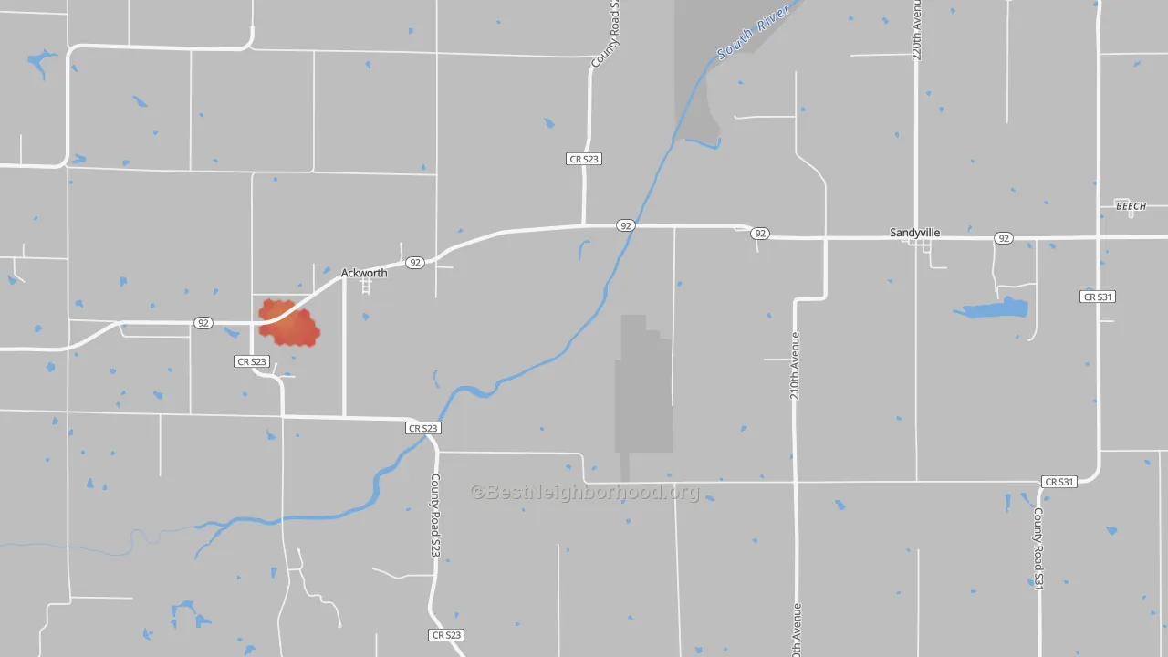 Walk Grade map of 50001, IA, walkable areas in green and car-dependent areas in red
