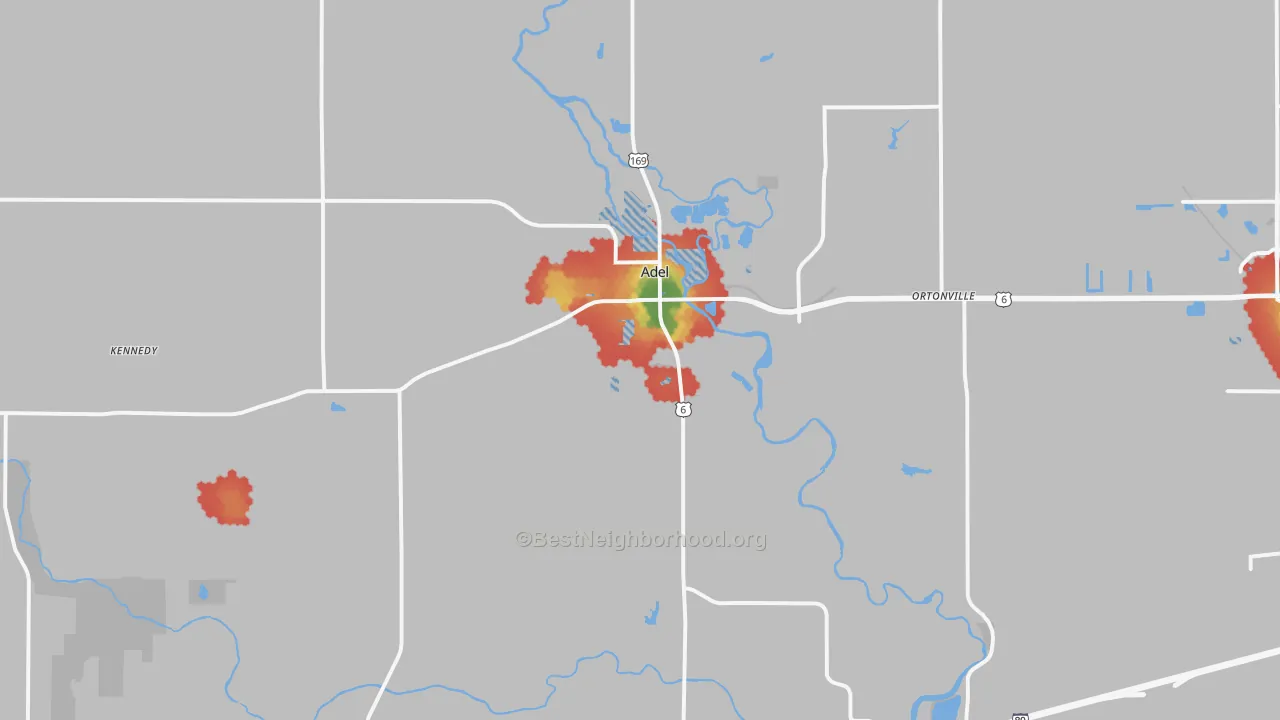 Walk Grade map of 50003, IA, walkable areas in green and car-dependent areas in red