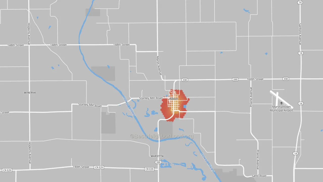 Walk Grade map of 50005, IA, walkable areas in green and car-dependent areas in red