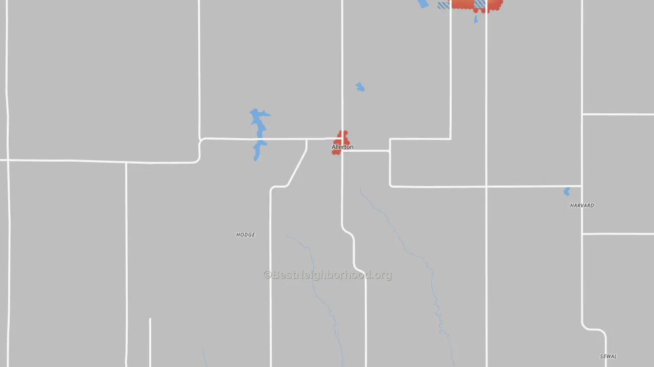 Walk Grade map of 50008, IA, walkable areas in green and car-dependent areas in red