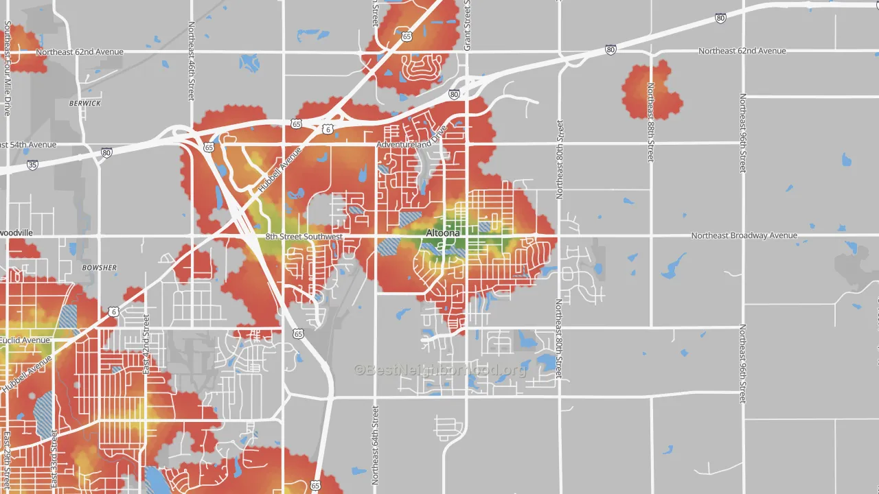 Walk Grade map of 50009, IA, walkable areas in green and car-dependent areas in red
