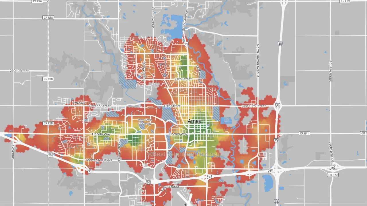 Walk Grade map of 50010, IA, walkable areas in green and car-dependent areas in red