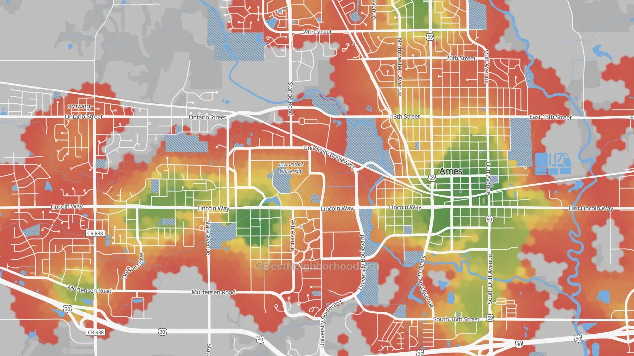 Walk Grade map of 50011, IA, walkable areas in green and car-dependent areas in red