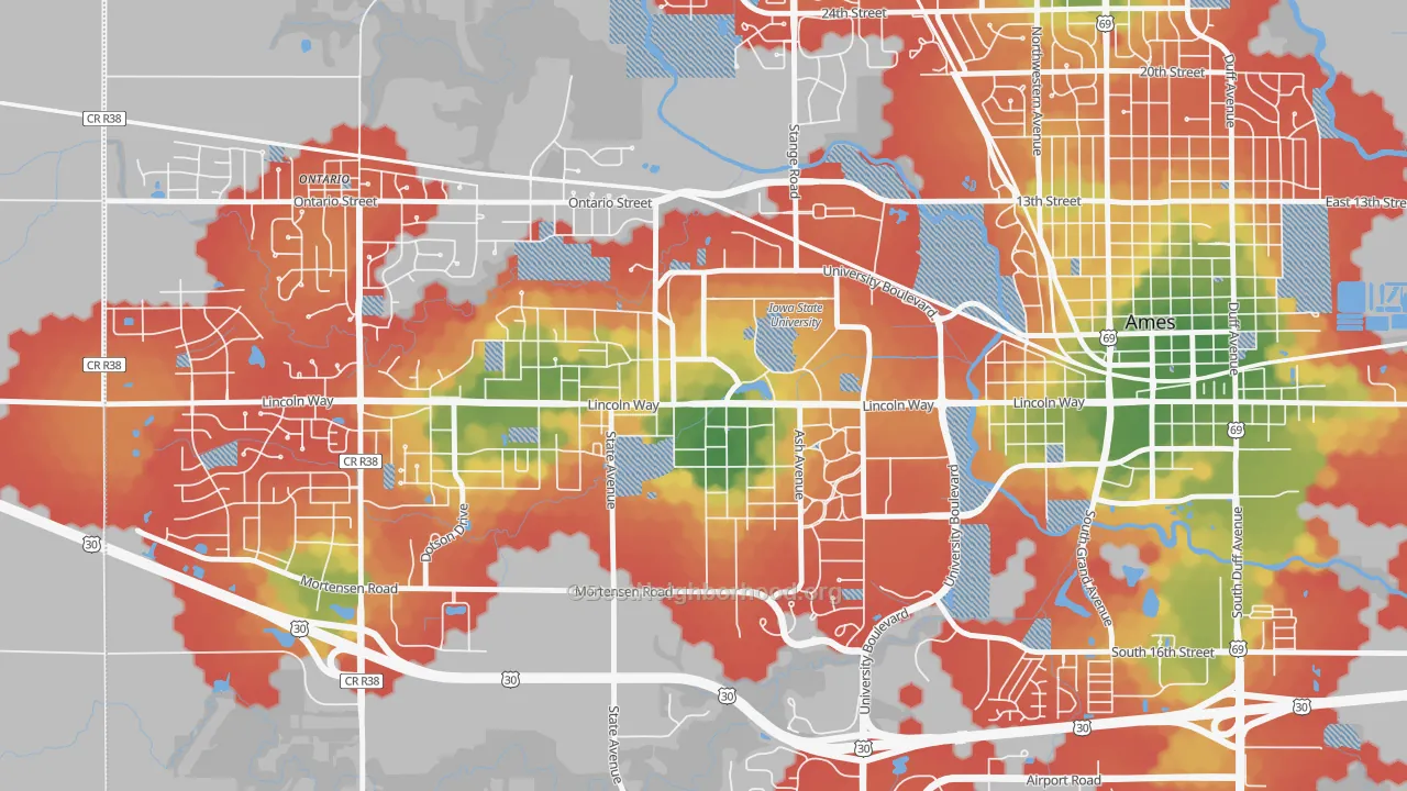 Walk Grade map of 50012, IA, walkable areas in green and car-dependent areas in red