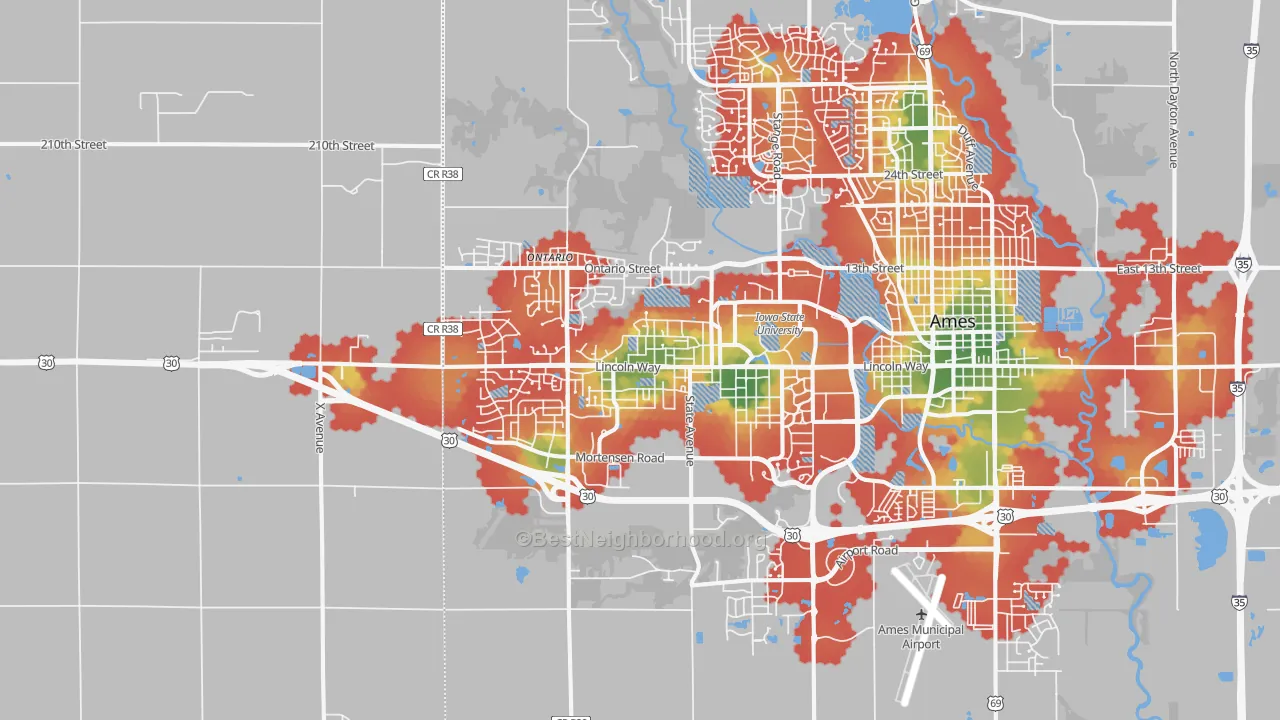 Walk Grade map of 50014, IA, walkable areas in green and car-dependent areas in red