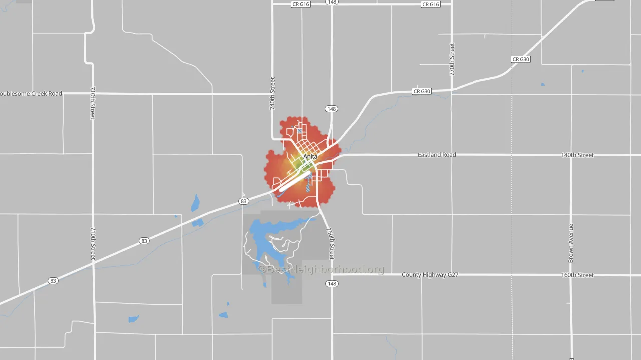 Walk Grade map of 50020, IA, walkable areas in green and car-dependent areas in red