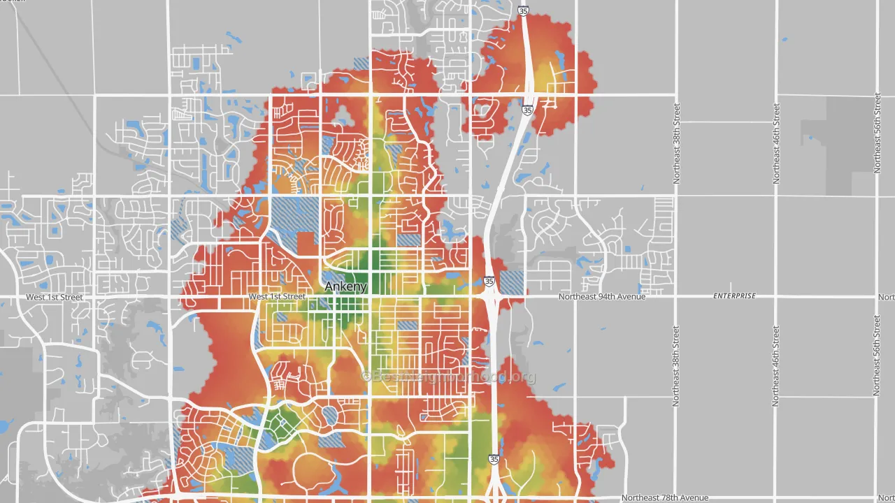 Walk Grade map of 50021, IA, walkable areas in green and car-dependent areas in red