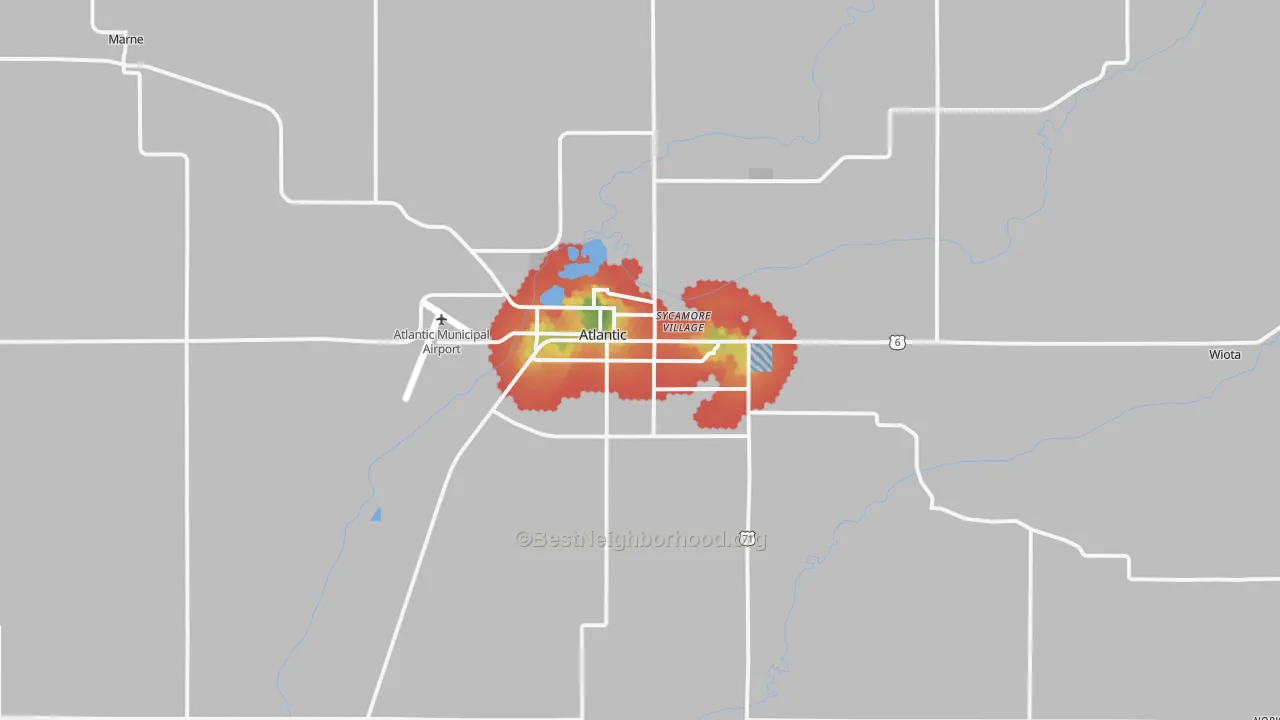 Walk Grade map of 50022, IA, walkable areas in green and car-dependent areas in red