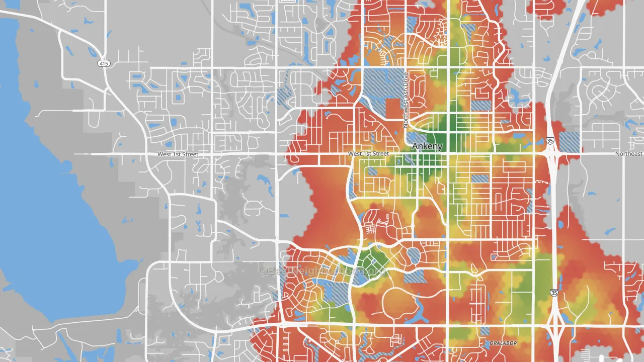 Walk Grade map of 50023, IA, walkable areas in green and car-dependent areas in red