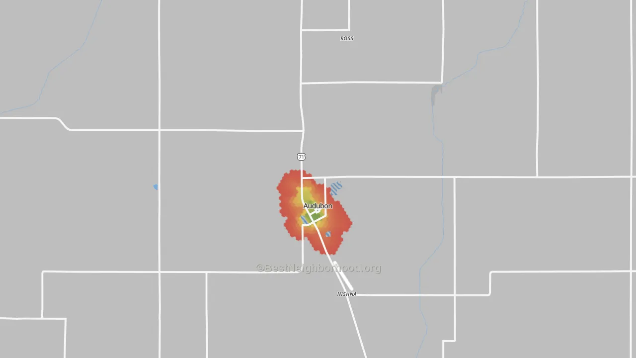 Walk Grade map of 50025, IA, walkable areas in green and car-dependent areas in red