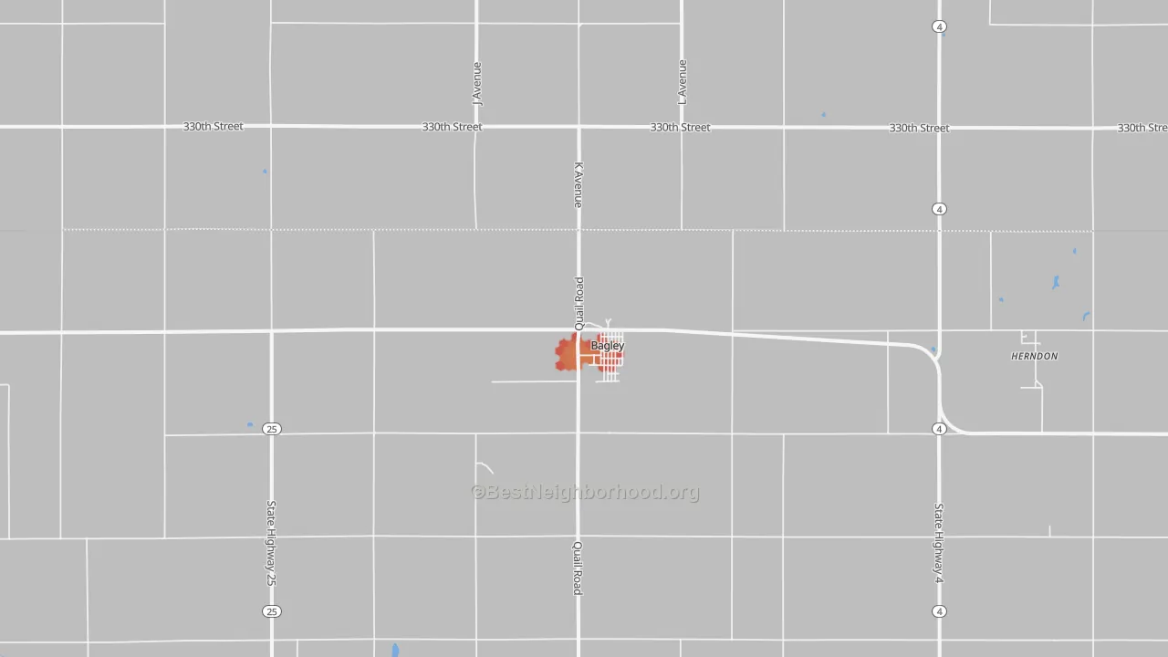 Walk Grade map of 50026, IA, walkable areas in green and car-dependent areas in red