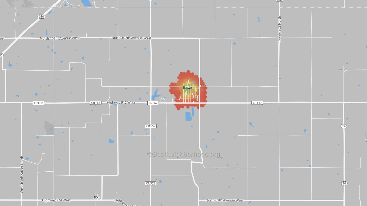 Walk Grade map of 50028, IA, walkable areas in green and car-dependent areas in red