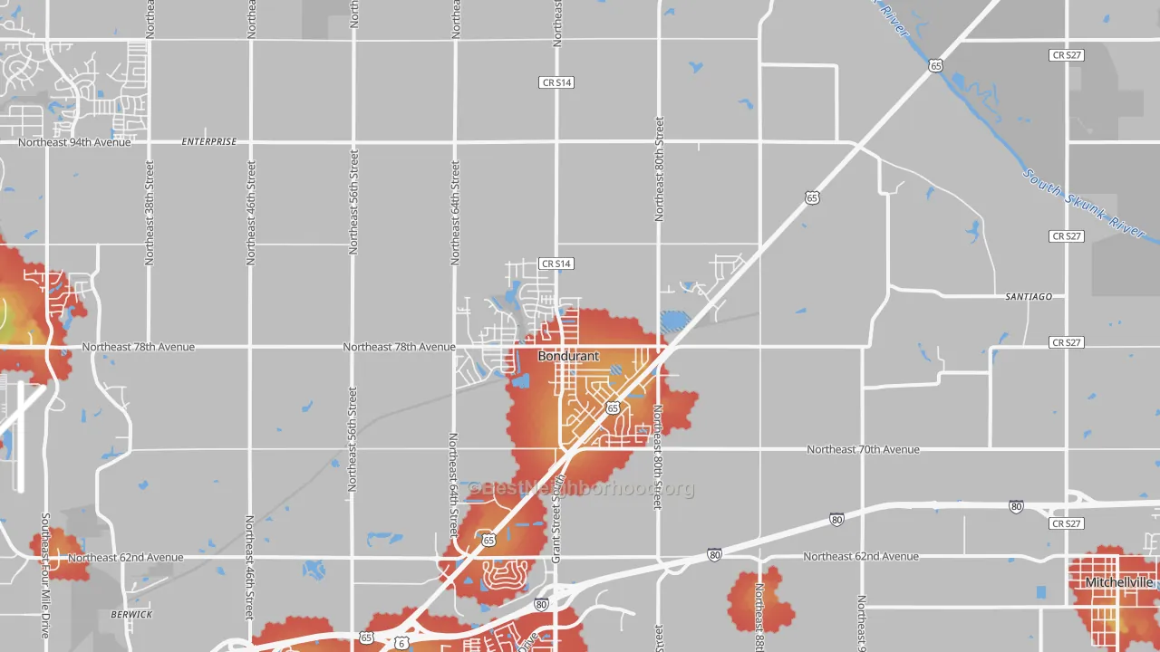 Walk Grade map of 50035, IA, walkable areas in green and car-dependent areas in red