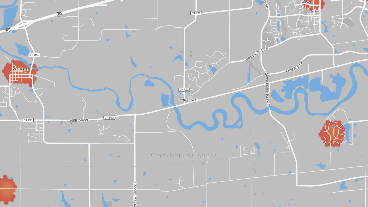 Walk Grade map of 50038, IA, walkable areas in green and car-dependent areas in red