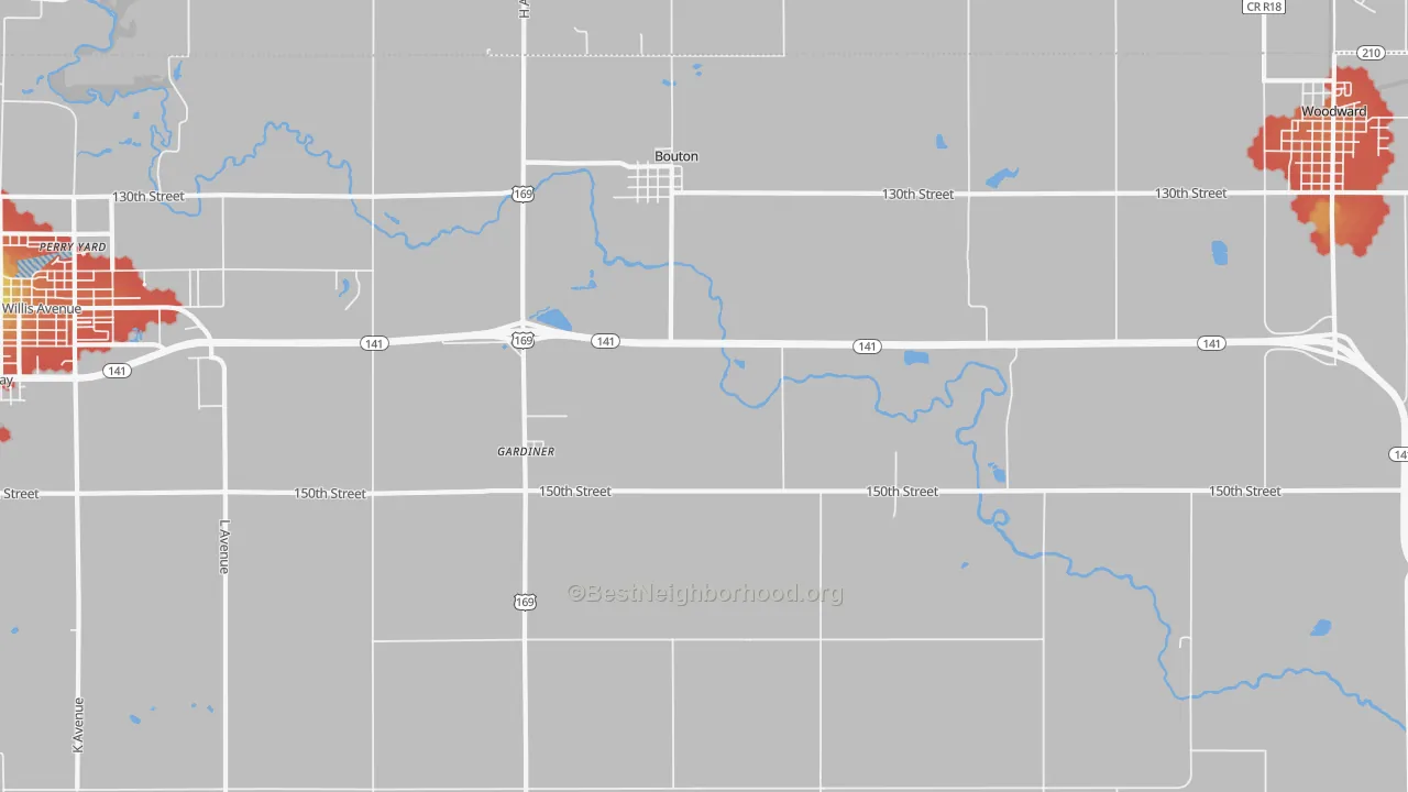 Walk Grade map of 50039, IA, walkable areas in green and car-dependent areas in red