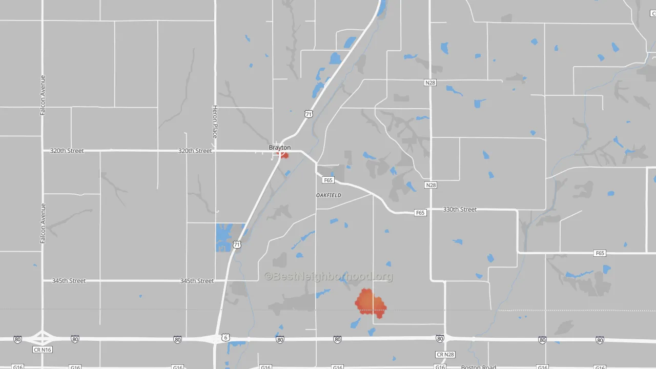 Walk Grade map of 50042, IA, walkable areas in green and car-dependent areas in red
