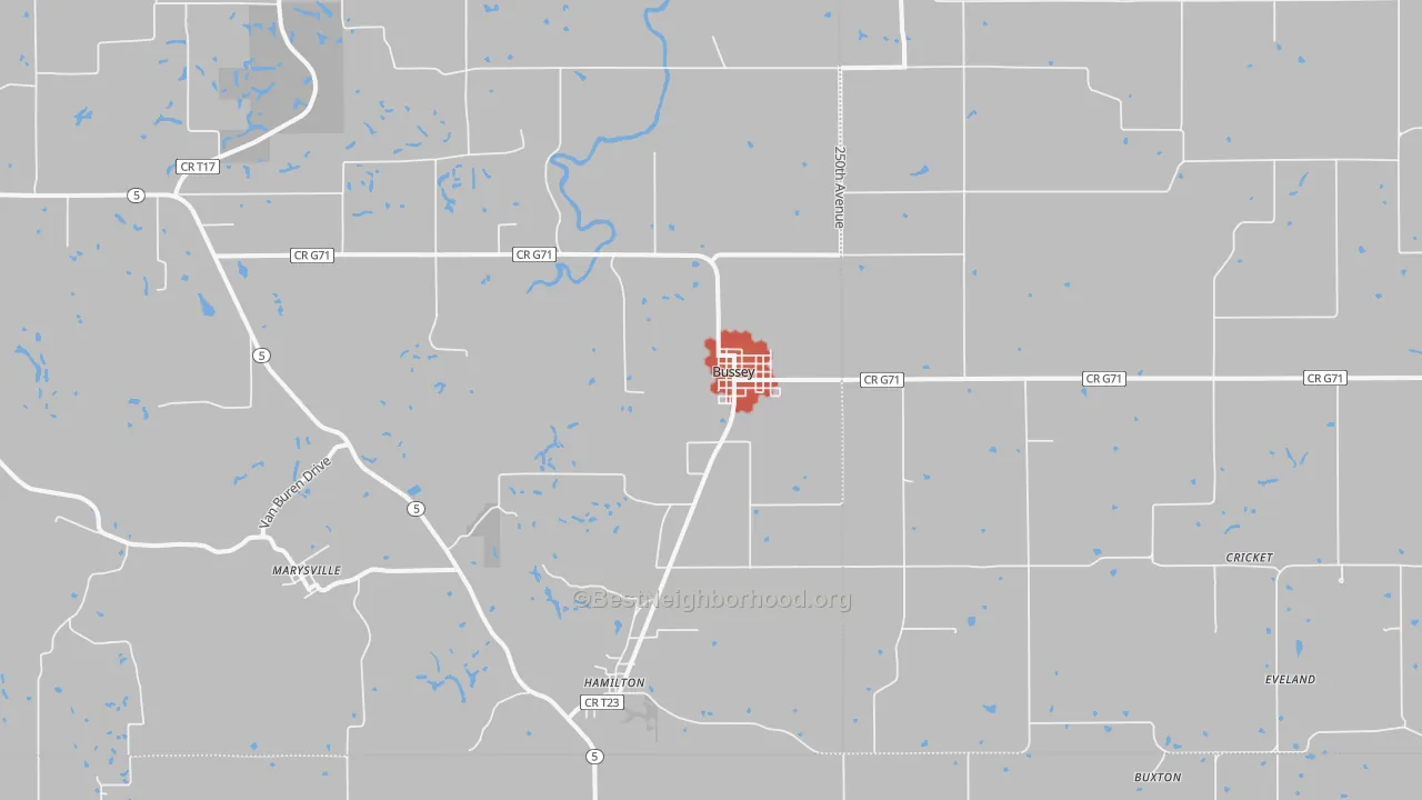 Walk Grade map of 50044, IA, walkable areas in green and car-dependent areas in red